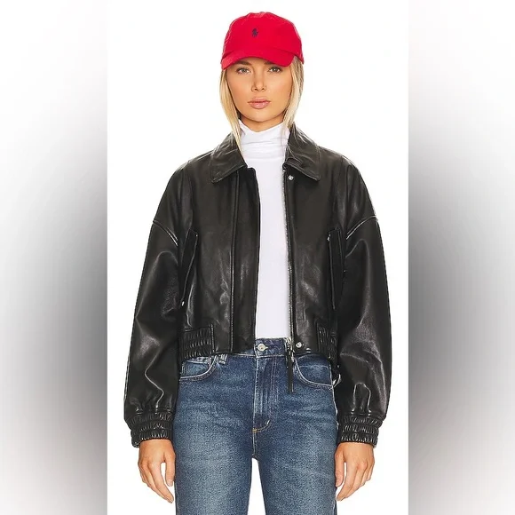 SHOREDITCH SKI CLUB ELLE LEATHER BOMBER JACKET BLACK SIZE L WOMENS NEW - Picture 2 of 5